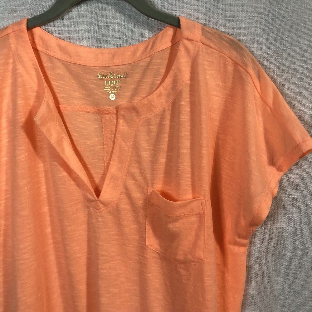 Lilly Pulitzer V-Neck Top Large Orange Pocket Tee Split Back Athletic Casual - Picture 5 of 10